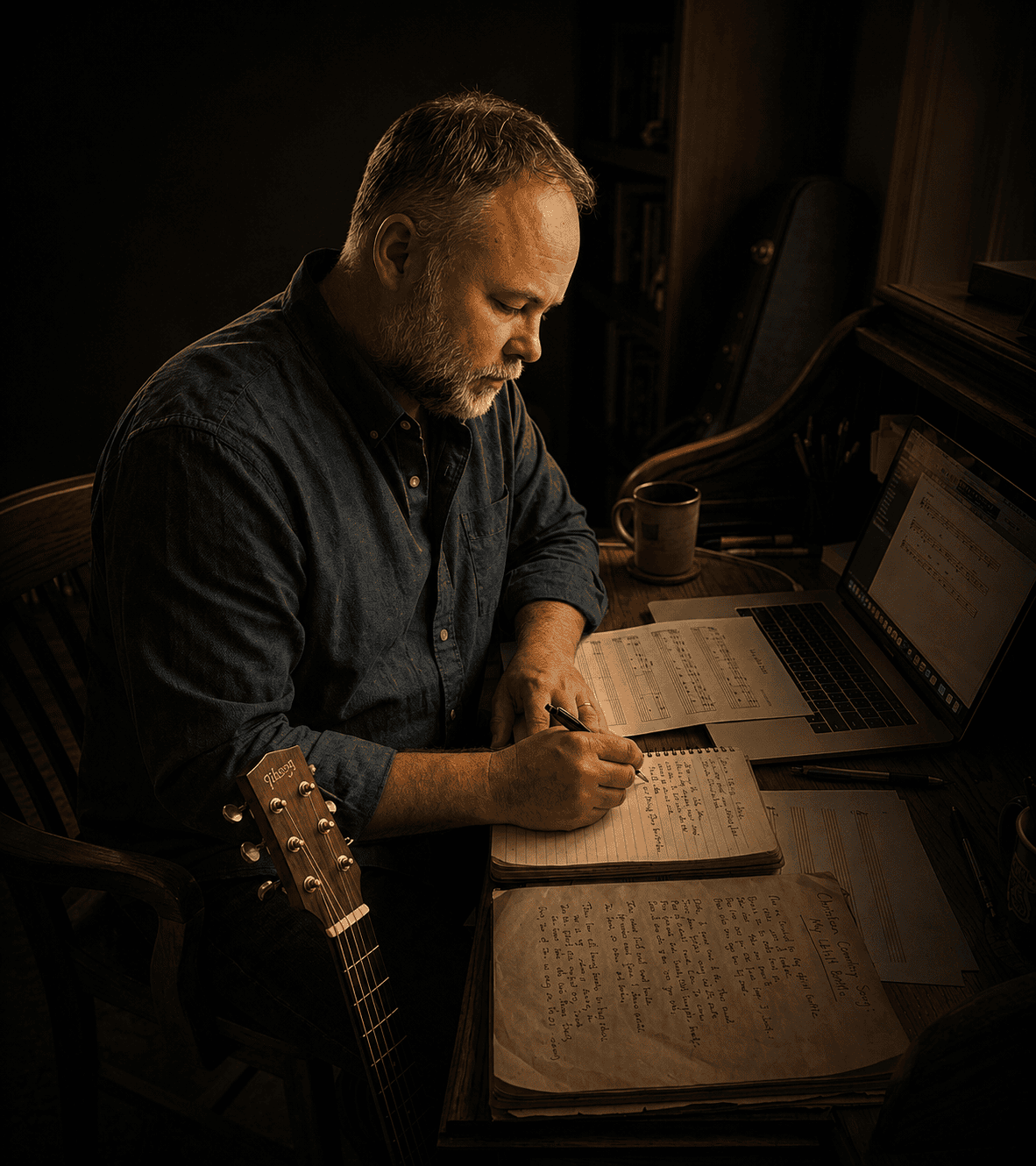 Open notebook of handwritten lyrics on a writer's desk
